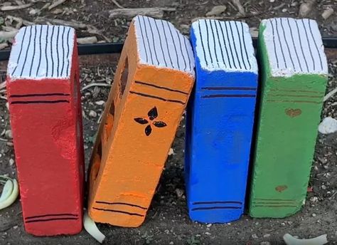 Embrace your love for books and extend the bibliophile aesthetic to your yard with this charming DIY project! Follow along as I guide you through creating decorative brick books for your garden. This cost-effective and straightforward endeavor will add a unique touch to your outdoor space.	DIY garden decor, brick book craft, outdoor aesthetics, home improvement, creative project Bibliophile Aesthetic, Brick Books, Garden Walkways, Painted Bricks, Brick Ideas, Brick Crafts, Painted Things, Book Craft, Brick Decor