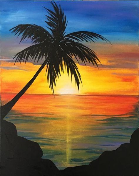 Easy Landscape Paintings, Abstract Wall Art Painting, Palm Trees Painting, Sunrise Painting, Paint Nite, Simple Canvas Paintings, Easy Canvas Painting, Landscape Art Painting, Sky Painting