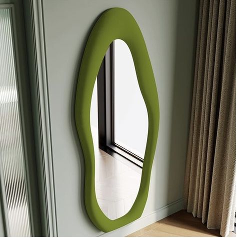 Honyee Full Length Mirror, 63" x 24" Wall Mirror, Flannel Wrapped Wooden Frame Floor Mirror, Irregular Wavy Mirror Hanging or Leaning Against Wall for Cloakroom/Bedroom/Living Room, Green Bedroom With Pops Of Color, Teen Lounge Rooms, Funky Interior, Mirror Upgrade, Stylish Mirror, Teen Lounge, Mirror Floor, Floor Length Mirror, Black Ivy