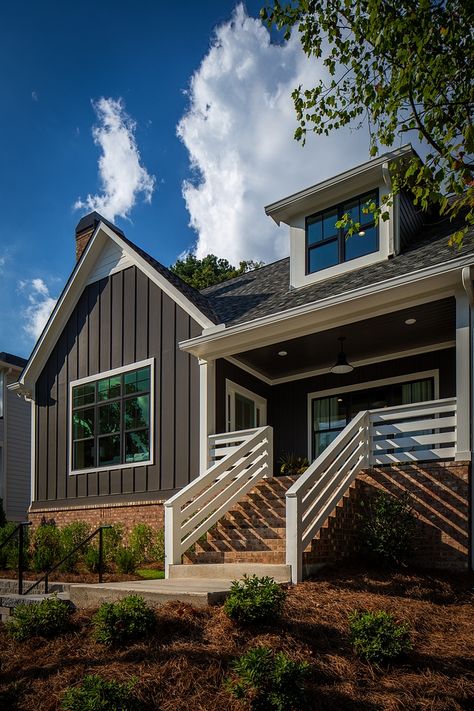 New Home with Black Exterior | Koby Kepert Cabin Colors, Exterior Paint Colours, Exterior Siding Colors, Black Painted Walls, Painting Trim White, Black Roof, Front Door Paint Colors, House Country, Brown Brick