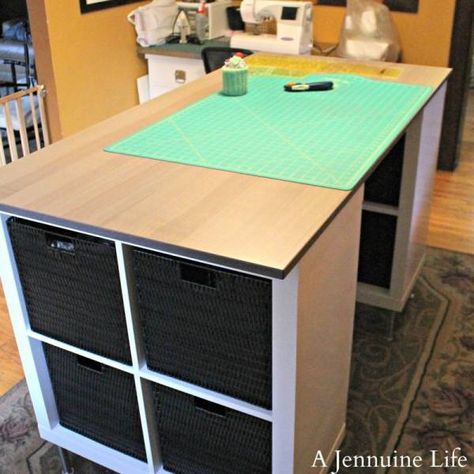 DIY Counter Height Craft Table with Storage | Craft Gossip | Bloglovin’ Craft Tables With Storage, Craft Room Tables, Diy Counter, Craft Table Diy, Ikea Bookshelves, Dream Craft Room, Craft Room Design, Sewing Room Organization, Quilting Room