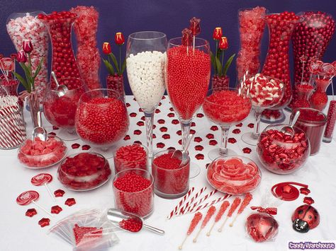 Red Candy Buffet    Red, the color of passion, is featured in this fun candy buffet design including chocolates, licorice wheels, fruit jell slices, gumballs, rock candy, swirling lollipops, taffy, gummy rings, red hots, candy sticks, and more Red Candy Buffet, Buffet Dessert, Candy Buffet Wedding, Swirl Lollipops, Candy Buffet Tables, Candy Bar Wedding, Candy Display, Candy Station, Candy Sticks