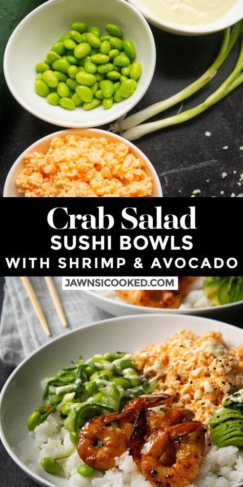 Kani Salad Poke Bowl, Shrimp And Crab Sushi Bowl, Easy Sushi Bowls At Home, Crab Salad Poke Bowl, Imitated Crab Poke Bowl, Crab Sushi Bowl Recipe, Crab Salad Recipe Easy Sushi, Crab Bowl Ideas, Shrimp And Crab Poke Bowl