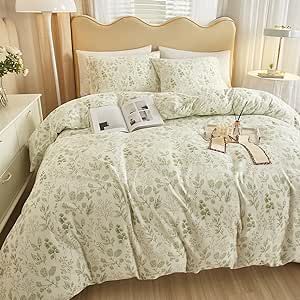 HighBuy 3 Pieces Duvet Cover Twin XL White Duvet Cover with Green Floral Print,Soft Cotton Comforter Cover Boho Style,Aesthetic Twin XL Bedding Set with Zipper Closure 4 Ties,All Season Beige Floral Bedding, Green Theme Room, Green Floral Bedroom, Green Floral Comforter, Dorm Green, Green Floral Bedding, Grandma Bedroom, Cottagecore Bed, Boho Style Aesthetic