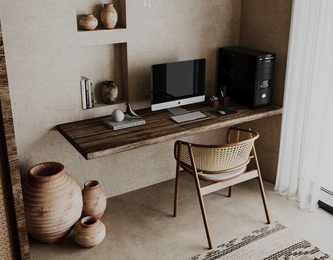 Wabi Sabi Home Office Design, Wabi Sabi Desk Work Spaces, Wabi Sabi Office Desk, Wabi Sabi Small Apartment, Wabi Sabi Home Office, Wabi Sabi Desk, Wabi Sabi Office, Wabi Sabi Room, Bedroom Wabi Sabi