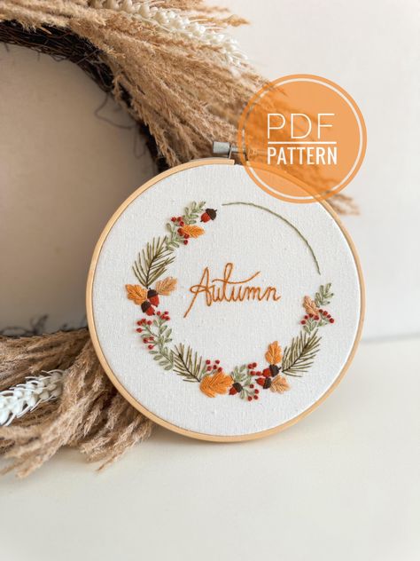 Autumn embroidery pdf pattern, fall embroidery template Create your fall mood by stitching this perfect pattern! It's ideal for seasonal decor and embroidery enthusiasts. Prepare your hoop, transfer the design to fabric, and immerse yourself in the autumn atmosphere! This listing includes a digital PDF pattern. Digital format only.  Please note that no physical item will be shipped. Embroidery Patterns Leaves, Embroidery Circle Designs, Fall Embroidery Patterns Free, Simple Fall Embroidery, Autumn Embroidery Patterns, Hand Embroidery Patterns Free Templates, Autumn Wreath Embroidery, Autumn Leaves Embroidery, Maple Leaf Embroidery