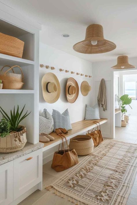 68 Beach House Mudrooms Where Wave-Washed Woods Meet Boho Bliss (Concept Interiors) Beach House Vibes Aesthetic, Beach House Mudroom, Beach House Foyer, Airbnb Styling, Bohemian Beach House, House Mudroom, Beachy Living Room, Cozy Beach House, Coconut Aesthetic