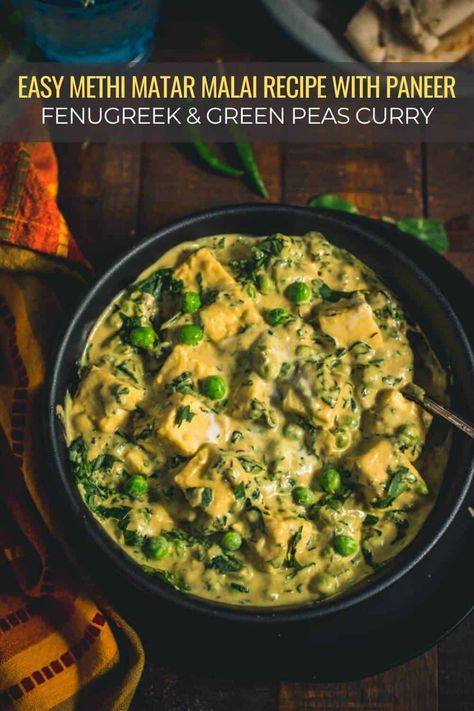 Make a creamy bowl of methi matar malai with paneer at home in about 40 minutes! This mildly spicy methi paneer recipe is made with a creamy curry, fresh cooked fenugreek leaves, green peas, and soft bites of paneer. This mildly sweet recipe makes the perfect dish for guests who are not used to Indian food. #methimatarmalai #fenugreekcurry #vegetarianrecipe #simmertoslimmer Methi Paneer, Malai Recipe, Fenugreek Leaves, Vegetarian Curry, Paneer Recipes, Green Peas, Amritsar, Indian Food Recipes Vegetarian, Indian Dishes