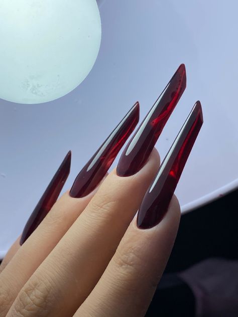 Long Black And Red Nails, Red Rum Nails, Black And Red Nails Stiletto, Vampire Nails Aesthetic, Helluva Boss Nails, Gore Nails, Vamp Nails, Vampy Nails, Blood Nails