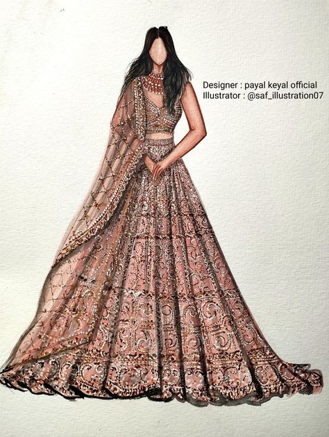 Desi Fashion Illustration, Bridal Dress Design Sketch, Lehanga Fashion Illustration, Bridal Illustration Indian Sketches, Fashion Illustration Dresses Indian, Bridal Illustration Indian, Indian Wear Illustration, Bridal Wear Illustration, Bridal Lehenga Illustration