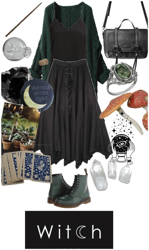 Coven Inspired Outfits, Green Witch Style, Crystal Witch Aesthetic Outfit, Elphaba Outfit Ideas, Swamp Witch Outfit, Eclectic Witch Outfit, Witch Winter Outfits, Witchy Plus Size Outfits, Garden Witch Outfit