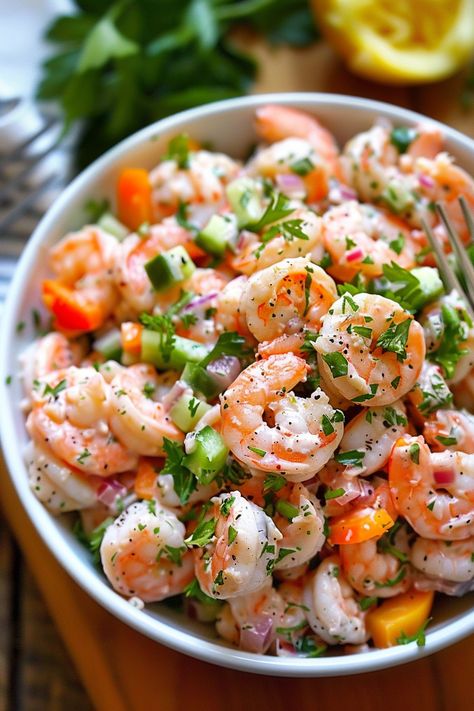 Enjoy a fresh Shrimp Salad with juicy shrimp, crunchy celery, and a creamy dill dressing—ideal for a quick, delightful meal or side. Fresh Shrimp Salad, Cucumber And Shrimp Salad, Shrimp Summer Salad, Salad Shrimp Recipes, Shrimp And Rice Salad, Southwest Shrimp Salad, Cold Shrimp Salad Recipes, Creamy Dill Dressing, Fresh Shrimp