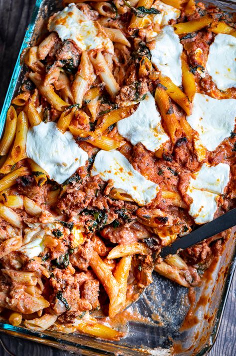 Sausage Pasta Bake with Mozzarella - The Genetic Chef Sausage Mozzarella Bake, Italian Sausage Bake, Ricotta Tomato, Sausage Mozzarella, Sausage Ricotta, Sausage Pasta Bake, Mozzarella Pasta, Sausage Casing, Sausage Bake