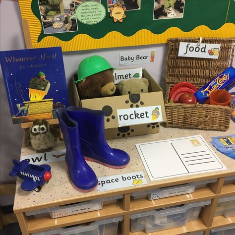 EYFS writing table - whatever next! Writing Area Ideas Eyfs, What Ever Next Story Eyfs Activities, Whatever Next Story Activities Eyfs, Space Provision Eyfs, Space Display Eyfs, Space Ideas Eyfs, Eyfs Book Activities, Early Years Space Activities, Book Areas Eyfs