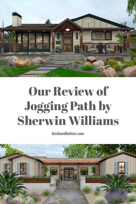 Sherwin Williams’ Jogging Path is a timeless, versatile, warm greige shade with strong khaki undertones. If beige makes you think early-2000s builder-grade homes, our designers’ smart, interesting uses of more complex beige and greige paint colors like Jogging Path will make you think again. Check out our most recent blog post for a deep dive into Jogging Path’s technical specs and more. Let us be your exterior color consultant! #brickandbatten #exteriorpaint #exteriorpaintcolors #greige Exterior Greige Paint Colors For House, Jogging Path Exterior Paint, Bungalow Beige Sherwin Williams Exterior, Sw Jogging Path Exterior, Sherwin Williams Jogging Path Exterior, Jogging Path Sherwin Williams, Greige Exterior House Colors, Traditional Design Style, Exterior Color Palette