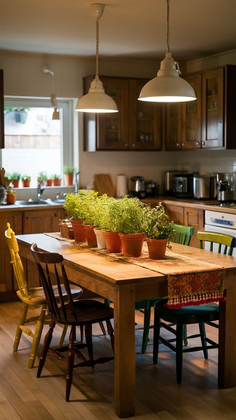 Step into a cozy kitchen that beautifully blends functionality and style! This wooden dining table serves as the heart of the space, perfect for both meals and meal prep. Mismatched dining chairs add a touch of personality, while a vibrant table runner brings in color. A collection of potted herbs not only enhances the decor but also adds freshness to your cooking. Pendant lights create a warm glow, making this kitchen an inviting gathering spot. Ready to elevate your own kitchen? Click through for more inspiration! #KitchenInspo #IKEAStyle #HomeDecor Long Table Kitchen, Dining Table Instead Of Island, Big Wooden Kitchen Table, Mismatched Kitchen Chairs, Mismatching Dining Chairs, Thrifted Dining Table, Mismatched Chairs Dining Table, Big Table Dining Room, Table In Middle Of Kitchen