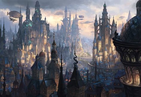 "St. Levin". Steampunk fantasy city by Alayna Lemmer-Danner Ville Steampunk, Steampunk Concept, Steampunk Architecture, Steampunk Elements, Steampunk City, Steampunk Artwork, Steampunk Tendencies, Fantasy City, Fantasy Castle