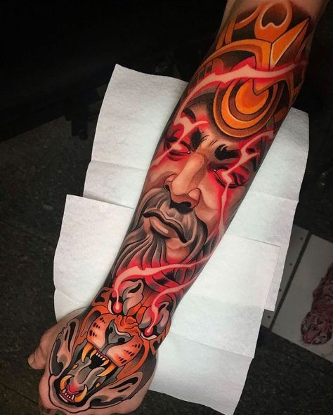 Neo Traditional Tattoo Sleeve Men, Neotrad Sleeve, Neo Traditional Tattoo Sleeve, Neo Traditional Japanese Tattoo, Odin Tattoo, Colorful Sleeve Tattoos, Poseidon Tattoo, Lightning Tattoo, Neo Tattoo