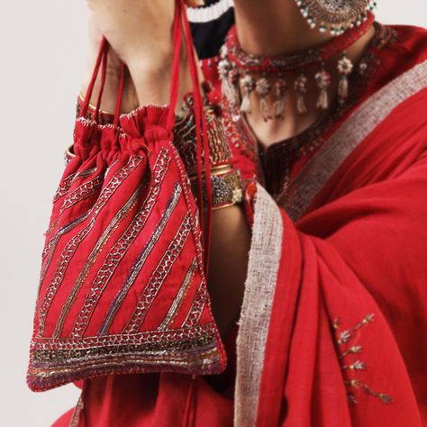 Anara Red Potli Bag - Now Live | Visit the link in our bio | Visit our Website: www.shadesofindia.com | Visit our stores in Delhi/Mumbai | WhatsApp us at +91 98910 88522 - (Shades of Celebrations, Vaarsi, Punjab, Festivities, Wedding, accessories, Textile Jewelry Festive outfit, Bags, Potlis) Creative Bag, Potli Bag, Potli Bags, Textile Jewelry, Festival Outfits, Wedding Accessories, Mumbai, Textiles, Shades