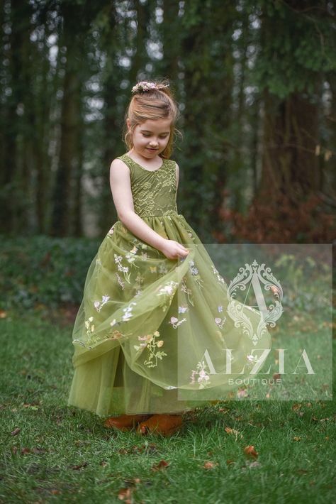 Floral Embroidered Olive Green Tulle Flower Girl Dress, Easter Girls Dress, Spring Flower Girl Dress, Summer Floral Dress for Girls by AlziaDresses on Etsy Botanical Names, Summer Floral Dress, Tulle Flower Girl Dress, Green Tulle, Girls Easter Dresses, Tulle Flower Girl, Flower Girl Dresses Tulle, Embroidered Tulle, Dress For Girls