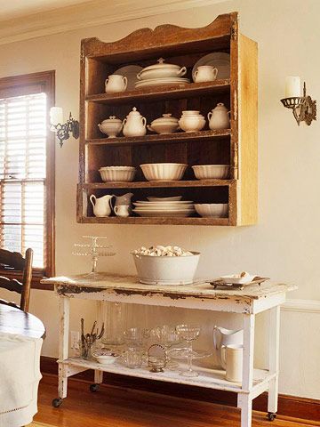 A plain bookcase is transformed into a wall-mount china cabinet when an antique artwork frame is attached as a fanciful pediment. Antique Wall Cabinet, Mounted Bookshelf, Repurposed China, Cheap Countertops, Wall Mounted Bookshelves, Antique Sideboard, Antique Artwork, Eco Friendly Kitchen, Cabinet Ideas