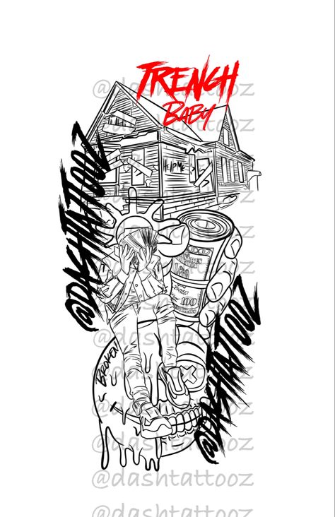 Trap House Tattoo Design, Ftp Tattoo Design, Urban Tattoos Designs, Trap House Tattoo, Get Rich Or Die Trying Tattoo, Hood Tattoo Designs, Trap Tattoos Men, Fye Tattoos, Tat Stencils