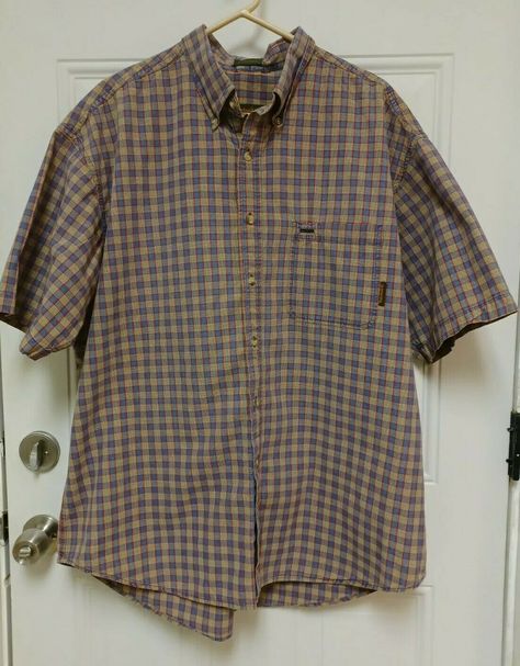 Timberland Weathergear Rugged Fit Button Down Short Sleeve Shirt. Blue, Red, Green and Beige Plaid. Front Pocket. Round Hem.  Size XL: Chest-52", Length-31" Front, 34" Back Short Sleeve Flannel Outfits Men, T Shirt Outfit Men, Mens Button Up Shirts, Button Down Shirt Men, Button Ups, Beige Plaid, Button Down Short Sleeve, Fire Fits, Button Down