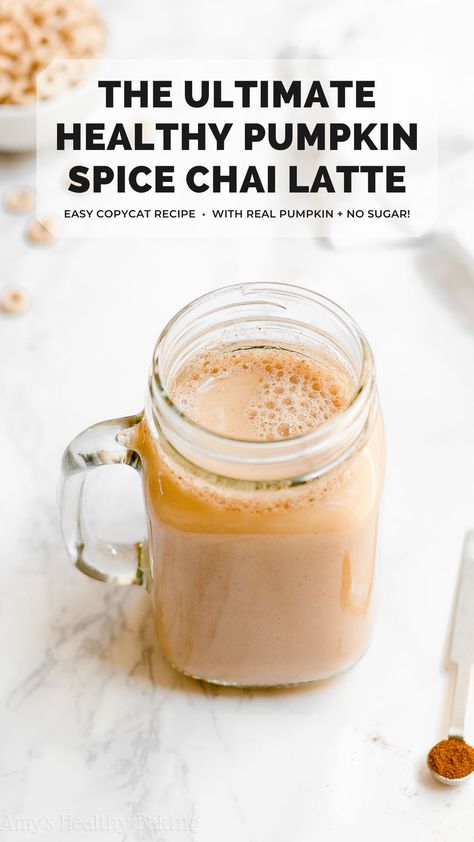 This DIY healthy pumpkin spice chai latte recipe tastes just like Starbucks — maybe even better!! It’s SO quick & easy to make. The perfect combination of cozy chai spices, comforting tea & sweet pumpkin flavor. Once you try this homemade pumpkin chai latte, you’ll never order one from Starbucks again! starbucks pumpkin spice chai tea latte. healthy pumpkin chai latte. vegan pumpkin spice chai latte. copycat starbucks pumpkin chai latte sugar free. skinny pumpkin spice chai latte. #cleaneating Drinks With Almond Milk Healthy, Pumpkin Spice Chai Tea Recipe, Pumpkin Spice Almond Milk, Homemade Pumpkin Drinks, Pumpkin Chai Smoothie, Pumpkin Spice Milk Tea, Pumpkin Tea Latte, Pumpkin Chai Recipe, Healthy Pumpkin Chai Latte