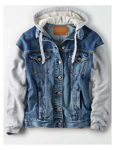 AE Boyfriend Fit Hoodie Denim Jacket, Medium Wash | American Eagle Outfitters Hoodie Denim Jacket, Denim Jacket With Hoodie, Jacket With Hoodie, Hooded Denim Jacket, Stylish Hoodies, Trendy Hoodies, Men Stylish Dress, Guys Clothing Styles, Jackets Men Fashion