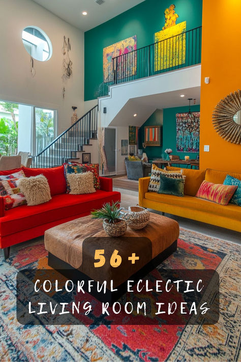 Explore 56 vibrant eclectic living room designs that bring a unique and lively vibe to your home 🌈. These ideas mix bold colors, diverse textures, and artistic elements, creating a space full of personality and charm. Ready to transform your living room into an eclectic masterpiece? Click to discover all the vibrant designs! #EclecticLivingRoom #VibrantDesigns #BoldColors #DiverseTextures #ArtisticElements #UniqueSpace #HomeInspiration Eclectic Artsy Living Room, Bright Cheerful Living Room, Modern Pop Art Living Room, Colorful Living Room Inspiration, Eclectic Living Rooms, Colorful Eclectic Living Room, Reading Loft, Eclectic Living Room Design, Bold Living Room