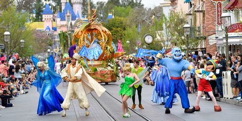 The parade first debuted in Disneyland, and features characters like Mickey Mouse, Moana, and Elsa. A recording can now be found on YouTube. Disneyland Parade, Disney Dishes, Festival Of Fantasy Parade, Disney Parade, Frozen Characters, Disneyland Vacation, Magical Kingdom, Disney Park, Disney Theme Parks