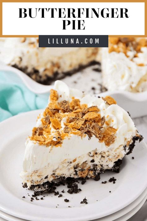 Indulge in this unbelievably delicious Butterfinger pie with an Oreo crust and homemade Butterfinger ice cream filling! #frozenbutterfingerpie #butterfingerpie #frozenpie #butterfinger #desserts Homemade Butterfinger Ice Cream, Butterfinger Desserts, Butterfinger Dessert Recipes, Butterfinger Ice Cream, Butter Finger Dessert, Butterfinger Pie, Favorite Pie Recipes, Frozen Pie, Homemade Cheesecake