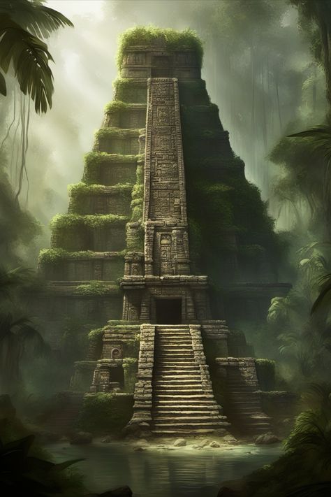 Stable Diffusion XL Mayan Temple Concept Art, Jungle Concept Art, Temple Battlemap, Temple Concept Art, Mesoamerican Architecture, Aztec Temple, Mayan Temple, Stomach Tattoo, Aztec Civilization