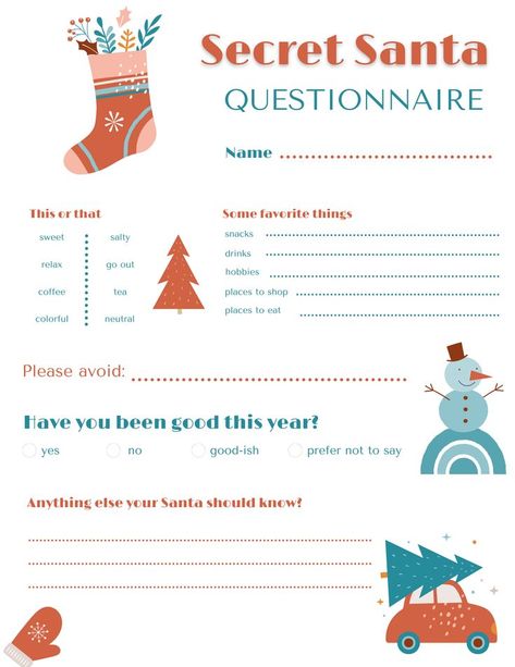 Boho Secret Santa form for participants to fill out to share gift ideas. Secret Santa Forms For Coworkers, Christmas Gift Questions, Gift Exchange List, Friend Gift Exchange, Secret Santa Templates, Secret Santa Form, Work Secret Santa, Secret Santa Questionnaire, $5 Gift Ideas