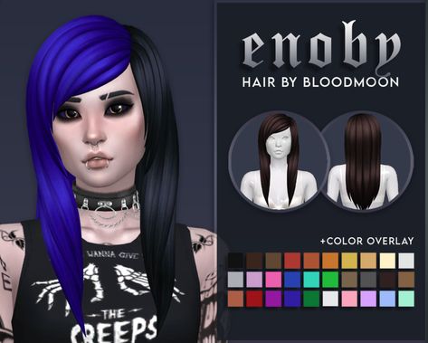 ❝Enoby❞ Hair I guess this is my 1000 follower gift? I originally wanted to put this in a pack with a few other items to officially celebrate the milestone but couldn’t bring myself to do that bc im... Sims 4 Maxis Match Graphic Tee, Metal Head Sims 4 Cc, Sims 4 Cc Goth Hair Maxis Match, Sims 4 Split Dye Hair Cc, Sims 4 Cc Split Dye Hair, Sims 4 Cc Emo Hair, Scene Queen Hair, Ts4 Mods, Cc Sims4