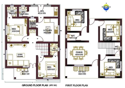 The architecture ground floor and and first floor plot size of 950 Sq Ft House Plan with east facing direction that shows 5 master bedrooms, kitchen, living room, dining area, store room and wash area. also has number of door and window marking detail. download house plan DWG file for collection of fabulous ideas that would serve as a good source of inspiration for new project drawing. 950 Sq Ft House, Furniture Drawing, House Plans Mansion, House Construction Plan, Drawing Block, Cad Blocks, Ground Floor Plan, Autocad Drawing, Interior Furniture