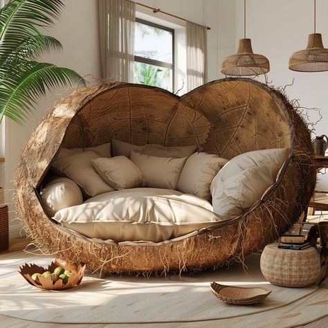 Introducing the CocoChill Couch: Inspired by coconuts, this stylish seating option features a rounded silhouette and plush coconut husk-inspired upholstery for a cozy and eco-friendly experience. Conceptual AI Art Follow @ecosapiens for more! Coconut House, Coconut Chair, Nest Chair, Coconut Husk, Fantasy Furniture, Floor Wallpaper, Creative Corner, Creative Home Decor, Lost Art