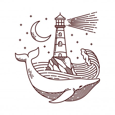 Whale and lighthouse line illustration | Premium Vector #Freepik #vector #star #line #light #sea Lighthouse Tattoo Design, Illustration Easy, Lighthouse Tattoo, Arte Doodle, Tattoo Design Ideas, Line Light, A Whale, Pola Sulam, Sketches Simple