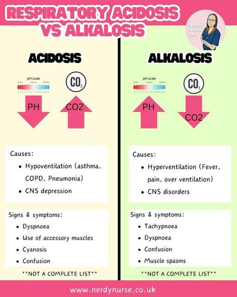 Lauren - Nursing made easy on Instagram: "Respiratory acidosis vs alkalosis 🫁   #nursingclinicals #nurseuk #pathophysiology #pathophysiologyofdisease #traineenurseassociate #nursingstudentsofinstagram #studentnursestudytips #studentnurses #studentnurseproblems #futurenurses #nursingresources #nurseintraining #nurseinprogress #nursetobe #adultnursing #nursingassociates #traineenursingassociates #traineenurseassociate #traineenursingassociate #studentnursestruggles #studentpaediatricnurse #studentparamedicsuk #studynursing #studentnurseuk #studentnurse #nursingnotes #nursingstudent #studentnursesofinstagram #studentparamedic #studentnurse #nerdynurseuk" Respiratory Meds Nursing, Acidosis Vs Alkalosis Cheat Sheets, Respiratory Acidosis Vs Alkalosis, Osmosis Nursing, Metabolic Acidosis Vs Alkalosis, Alkalosis Vs Acidosis, Acidosis And Alkalosis, Respiratory Alkalosis, Nursing School Organization