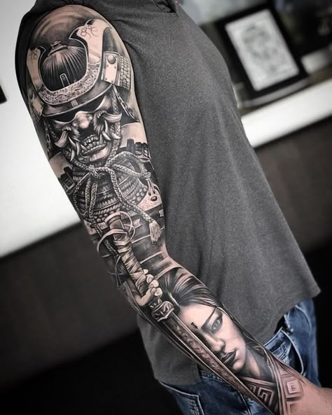 Geisha Tattoo Sleeve, Japanese Forearm Tattoo, Tattoos Arm Mann, Samurai Tattoo Sleeve, Geisha Tattoo Design, Japanese Tattoos For Men, Samurai Tattoo Design, Realistic Tattoo Sleeve, Full Sleeve Tattoo Design