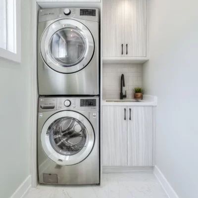 Laundry Renovation Ideas, Laundry Bathroom Combo, Laundry Renovation, Stacked Laundry Room, White Laundry Rooms, Basement Laundry Room, Laundry Room Flooring, Dream Laundry Room, Basement Laundry