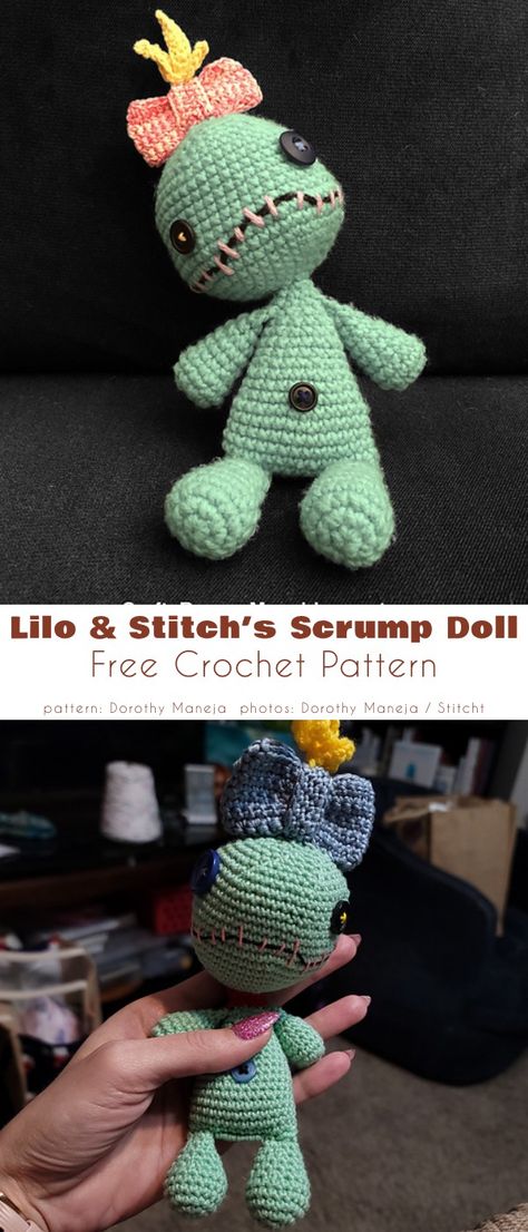 lilo and stitch scrump doll Diy Scrump Doll, Disney Inspired Crochet Patterns, Amiguri Free Patterns, Creepy Things To Crochet, Crochet Stitch Stuffy, Lilo And Stitch Amigurumi Free Pattern, New Mom Crochet Ideas, Crochet Stitch Lilo And Stitch, Big Crochet Amigurumi