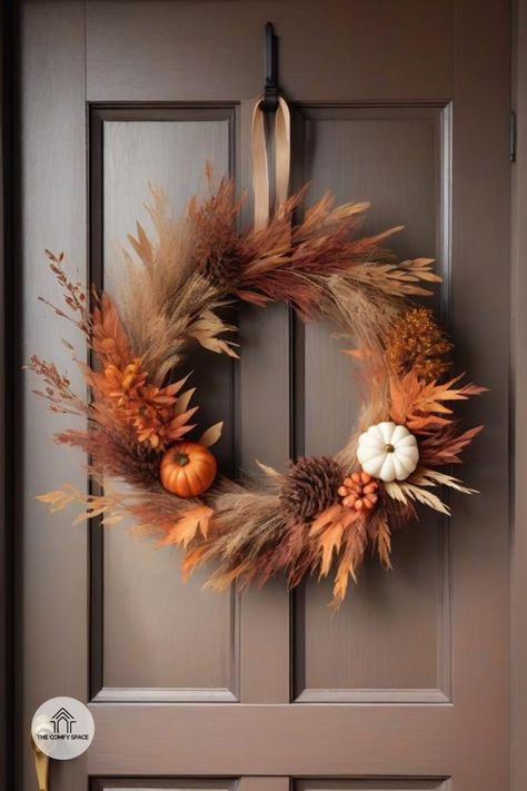 Explore modern fall wreath designs that are simple yet elegant. Perfect for a contemporary touch this autumn!#ModernDecor #FallWreath #DIYProjects #HomeDesign #AutumnStyle Autumn Entrance Decor, Boho Fall Wreath Diy, Fall Wreath Ideas Diy, Modern Fall Wreath, Thanksgiving Wreaths Diy, Pumpkin Porch Decor, Diy Fall Wreath Ideas, Easy Thanksgiving Table Decor, Thanksgiving Table Decor Ideas