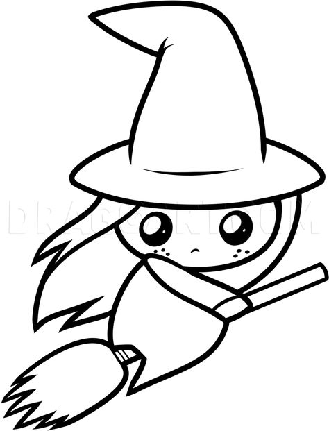 How To Draw A Cute Witch, Step by Step, Drawing Guide, by Dawn | dragoart.com Easy Halloween Drawings, Cute Halloween Drawings, Cartoon Witch, Witch Drawing, Baba Jaga, Scary Witch, Anime Witch, Halloween Drawings, Halloween Coloring Pages