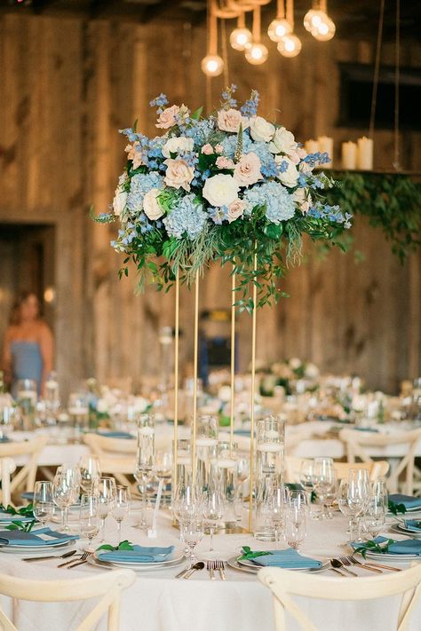 Tall Round Table, Tall Flower Centerpieces, Royal Blue Centerpieces, Delphinium White, Round Table Centerpiece, Blush Pink Wedding Flowers, Summer Ceremony, Rustic Ranch Wedding, Flower Arragement