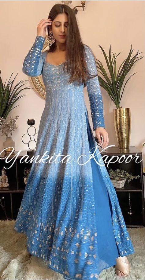 Outfit Dress Casual, Fall Dress Casual, Fancy Gown, Maxi Design, Indian Outfits Lehenga, Gown Blue, Fancy Frocks, Pakistani Dresses Casual, Indian Dresses Traditional