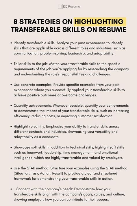 Enhance your resume with EQ Resume's expert strategies! Learn 8 effective techniques for highlighting transferable skills and boosting your job prospects. #transferableskills #resumetips #EQResume #careeradvice #jobsearch #careerdevelopment #jobhunt #professionalgrowth #resumewriting #jobskills Job Interview Prep, Skills Resume, Transferable Skills, Interview Help, Resume Advice, Job Interview Preparation, Good Leadership Skills, Interview Answers, Interview Advice