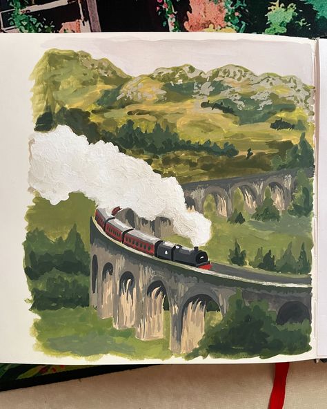 Glenfinnan Viaduct - One of the places where Harry Potter was filmed 🌙 A rather simple gouache painting of the Glenfinnan Viaduct as I can’t wait to see this place in real life and just visit Scotland in general 🥰 Anyone has been in Scotland ? If so, any recommendations ? ✨ . . . . Glenfinnan viaduct, sketchbook painting, gouache, harry potter, train painting, magic Harry Potter Art Painting, Simple Gouache Painting, Simple Gouache, Scotland Painting, Train Painting, Harry Potter Train, Glenfinnan Viaduct, Harry Potter Painting, Sketchbook Painting