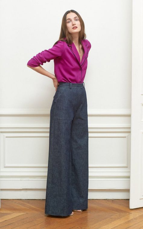 Piped Silk Pajama Shirt By Martin Grant | Moda Operandi Colored Pants Outfits, Martin Grant, Wide Legged Jeans, Smart Casual Women, Violet Rose, Rose Bleu, Foto Poses, Event Outfit, Work Wardrobe