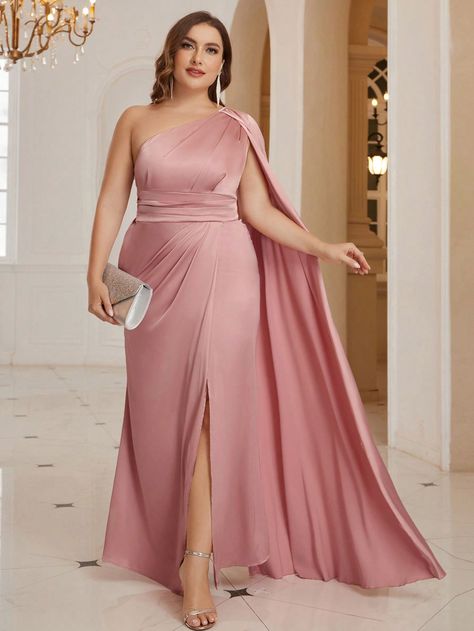 One Shoulder Bridesmaid, One Shoulder Bridesmaid Dresses, Plus Size Bridesmaid, Bridesmaid Dresses Plus Size, Extra Long Sleeves, Pink Collars, Split Hem, Formal Evening Dresses, Dusty Pink